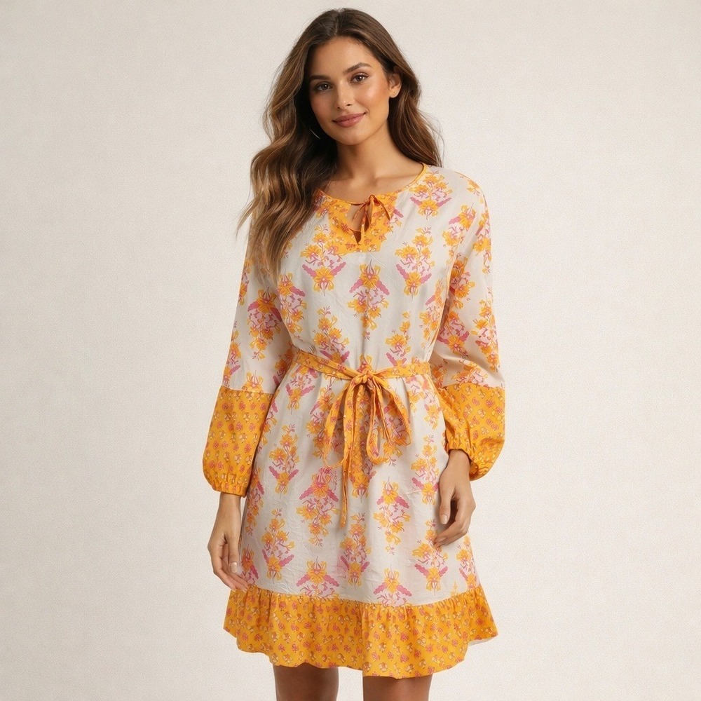 J Crew Womens Floral Print Dress Size Small Romantic Orange White Tie Waist
